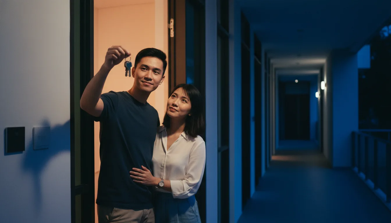 Young Singapore couple collecting the keys to their new home at blue hour &mdash; how to apply for a home loan 2026