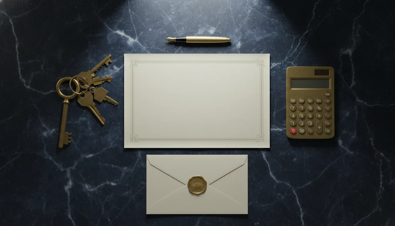 Flat-lay of an Option to Purchase form, brass keys, calculator and approval letter on a navy desk &mdash; home loan pre-approval Singapore