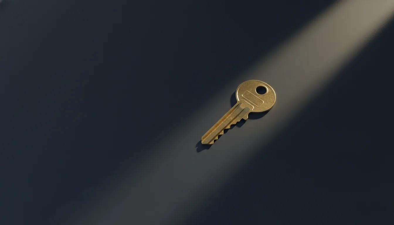 Single brass house key in a warm gold light beam on navy — how to apply for a home loan Singapore 2026