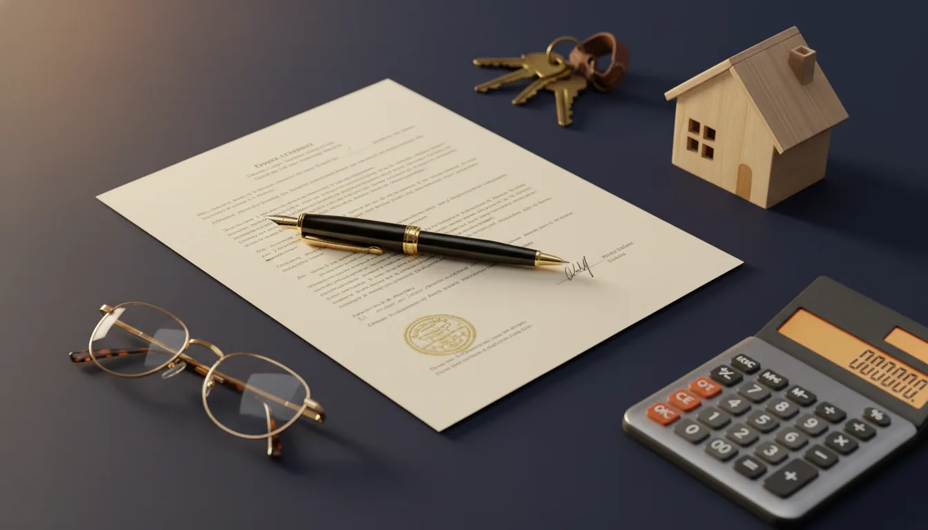 Property title-transfer document, fountain pen, brass keys, a model house and a calculator on a navy desk &mdash; decoupling a Singapore condo