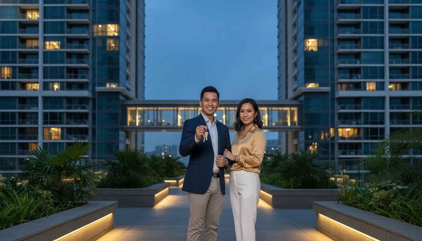 A Singapore couple holding keys between two condominium towers at blue hour &mdash; avoiding ABSD on a second property