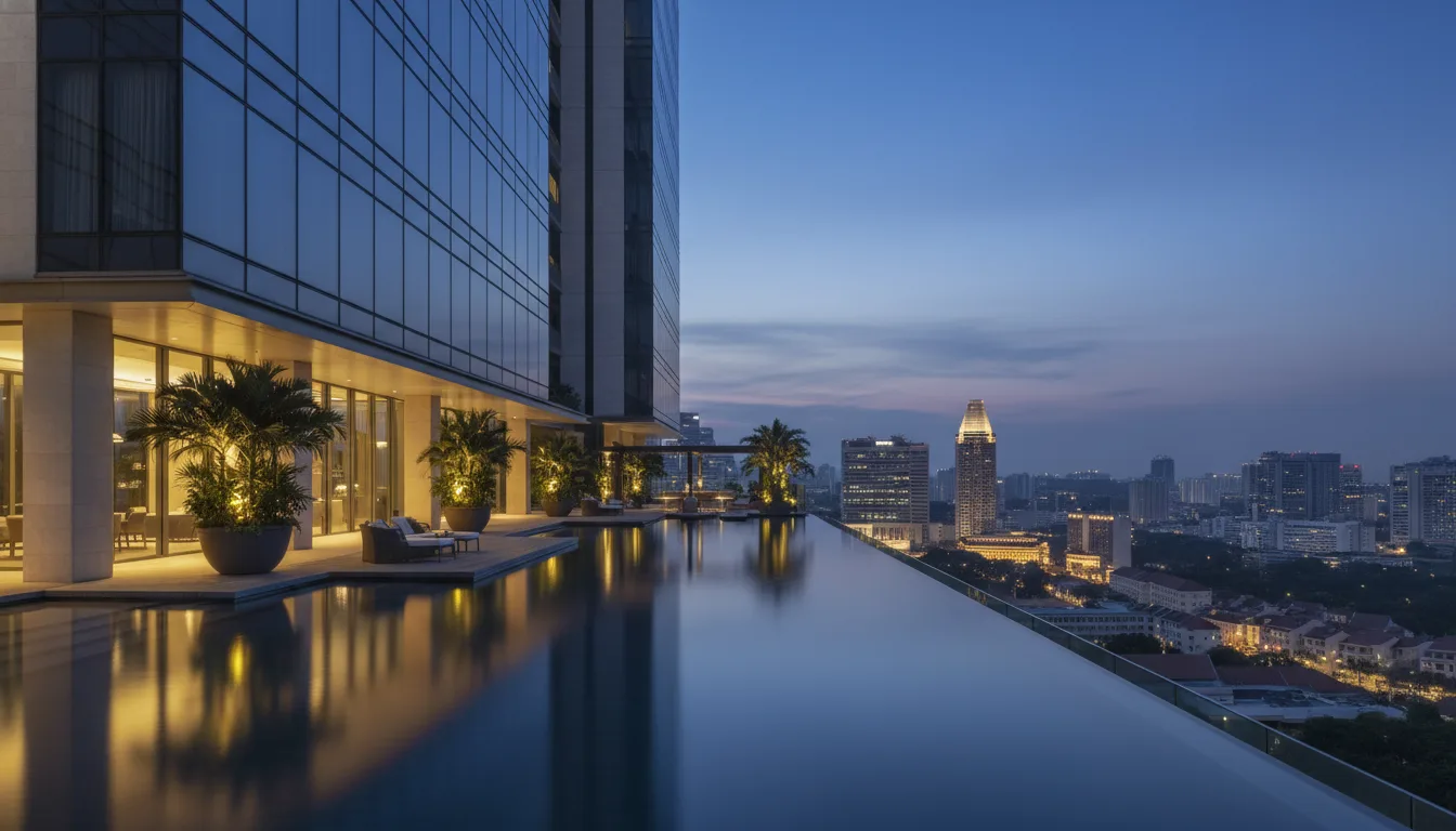 Sleek modern Singapore new-launch condominium with infinity pool at blue hour &mdash; second property bought ABSD-free after decoupling