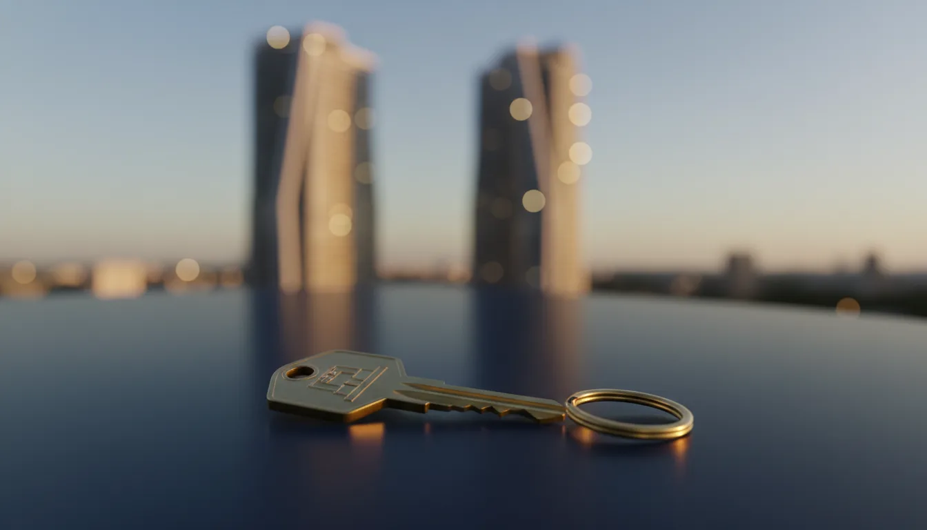 A single brass key and two condominium towers in warm gold light on navy — avoiding ABSD on a second property in Singapore