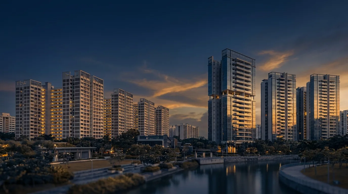 Singapore HDB blocks and private condominiums at dusk, representing an upgrader bridging the move between two homes