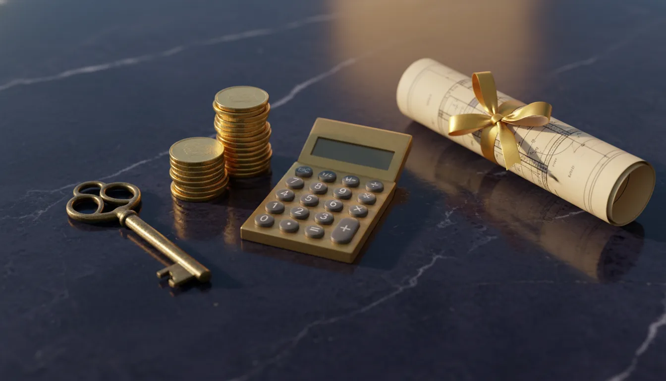 Brass calculator, gold coins, brass key and rolled blueprint on navy marble desk &mdash; Maximum Withdrawable Loan calculation for cash-out refinance Singapore