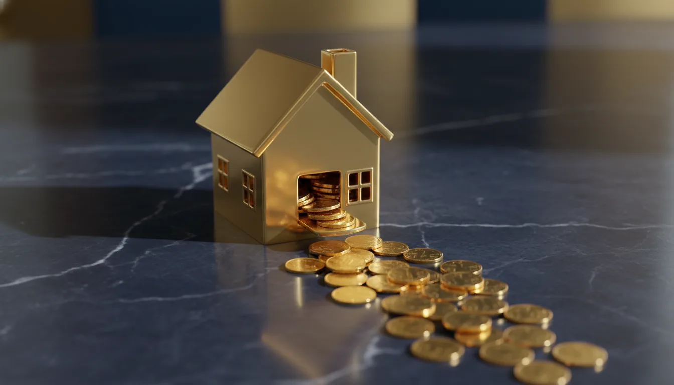 Brass house with gold coins flowing out on navy marble — cash-out refinance Singapore unlock property equity 2026