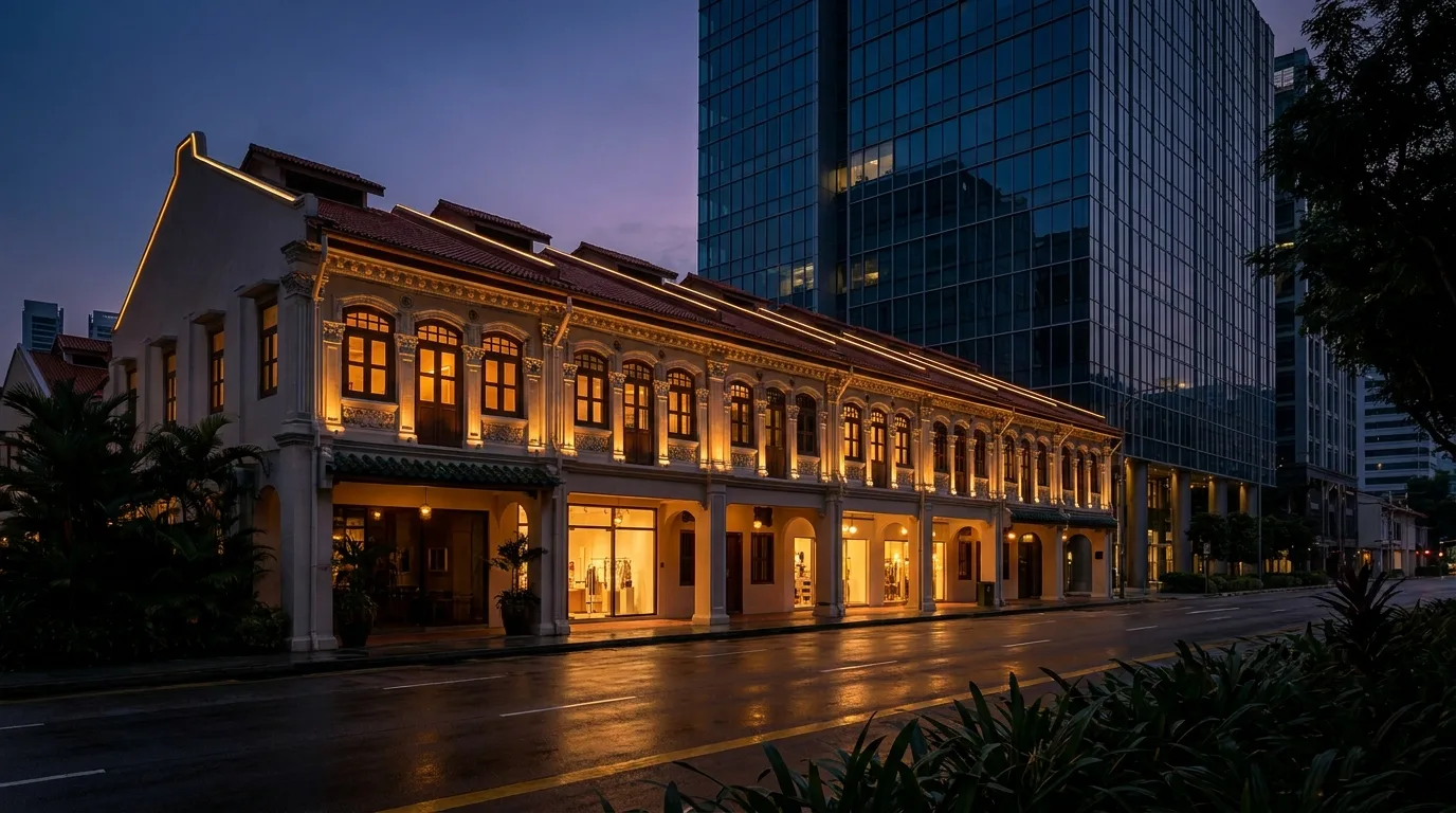 Restored Singapore heritage shophouses beside a modern commercial tower at blue-hour dusk — property-secured caveat loan business financing