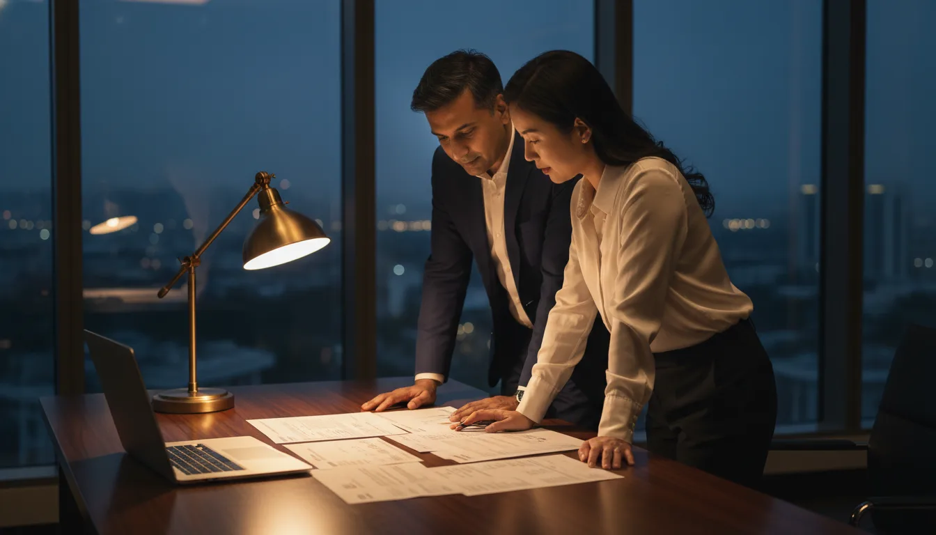 Business owner reviewing company financial statements and bank statements with an advisor &mdash; commercial property loan eligibility assessment Singapore