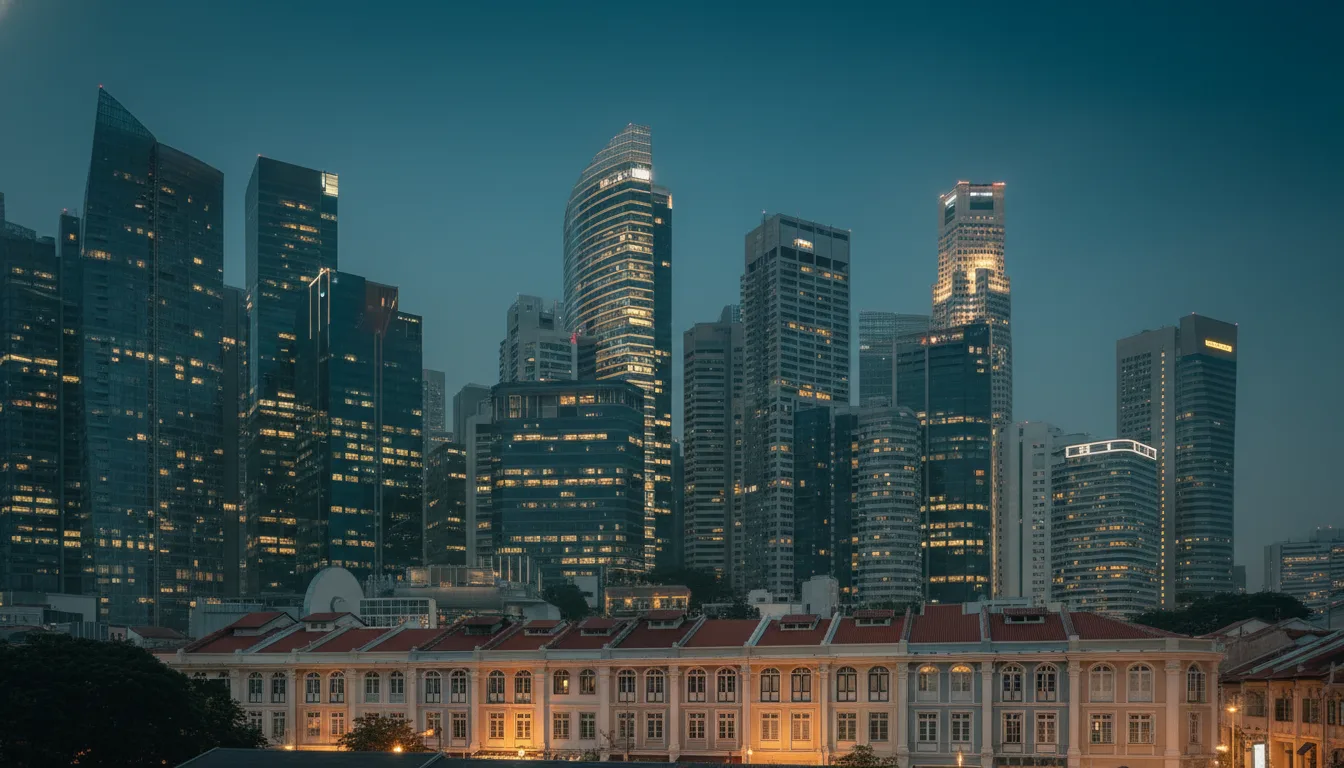 Singapore CBD office towers and conserved shophouses glowing amber at blue hour &mdash; commercial property loan financing 2026