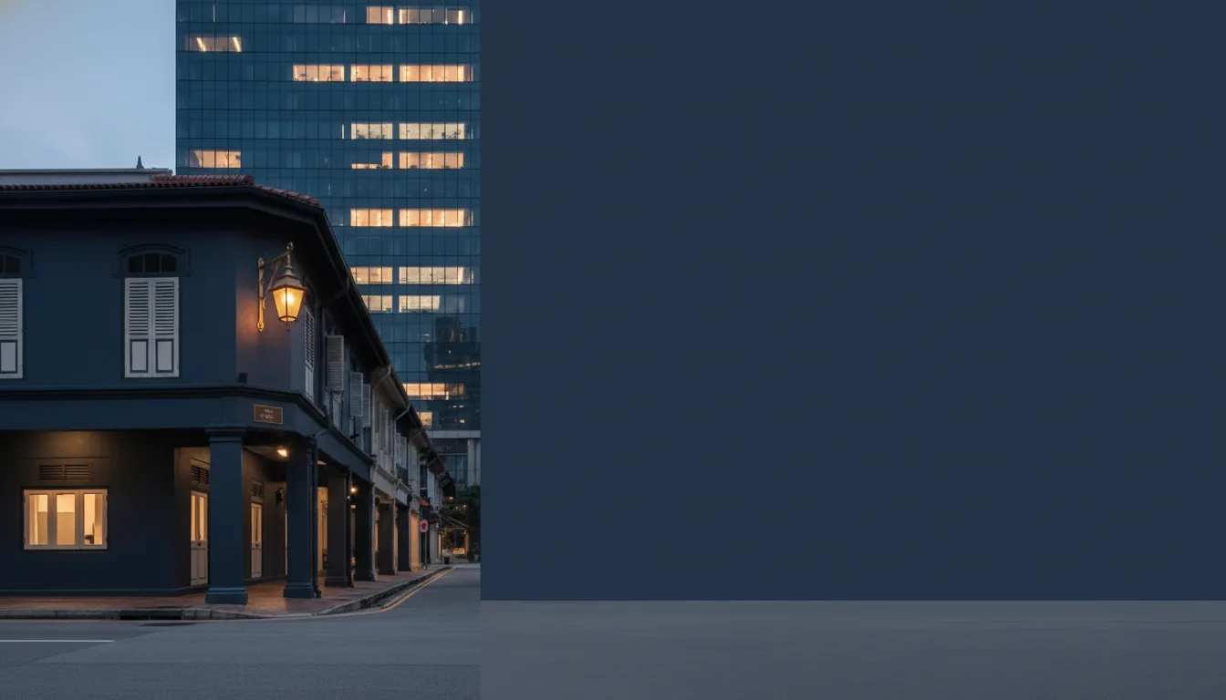 Singapore corner shophouse beside a glass office tower at blue hour — commercial property loan financing 2026