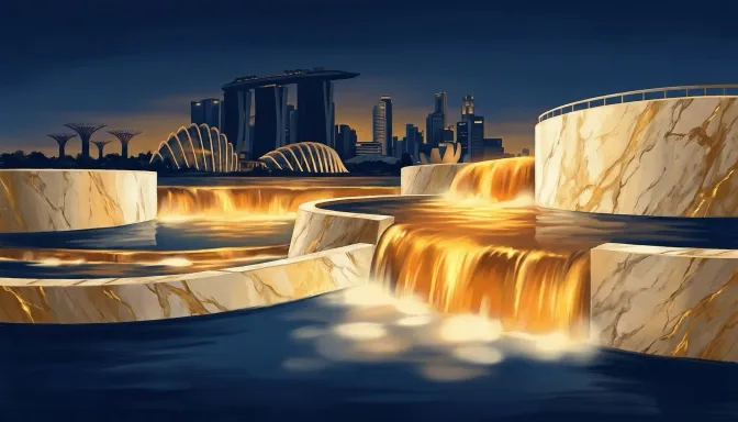 Singapore skyline behind layered dam walls holding back golden water — property cooling measures 2026