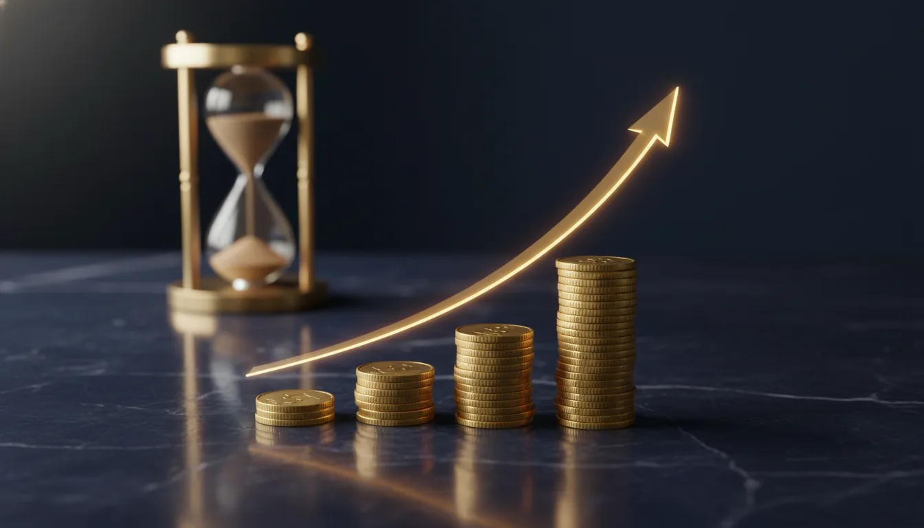 Growing stack of gold coins on navy marble desk with a faint upward trajectory line and brass sand timer behind &mdash; CPF accrued interest monthly compounding visualization
