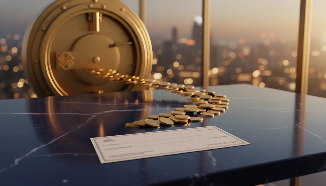 Cheque resting on navy marble desk with gold coins flowing in an arc back toward a closed brass vault &mdash; CPF accrued interest on property sale