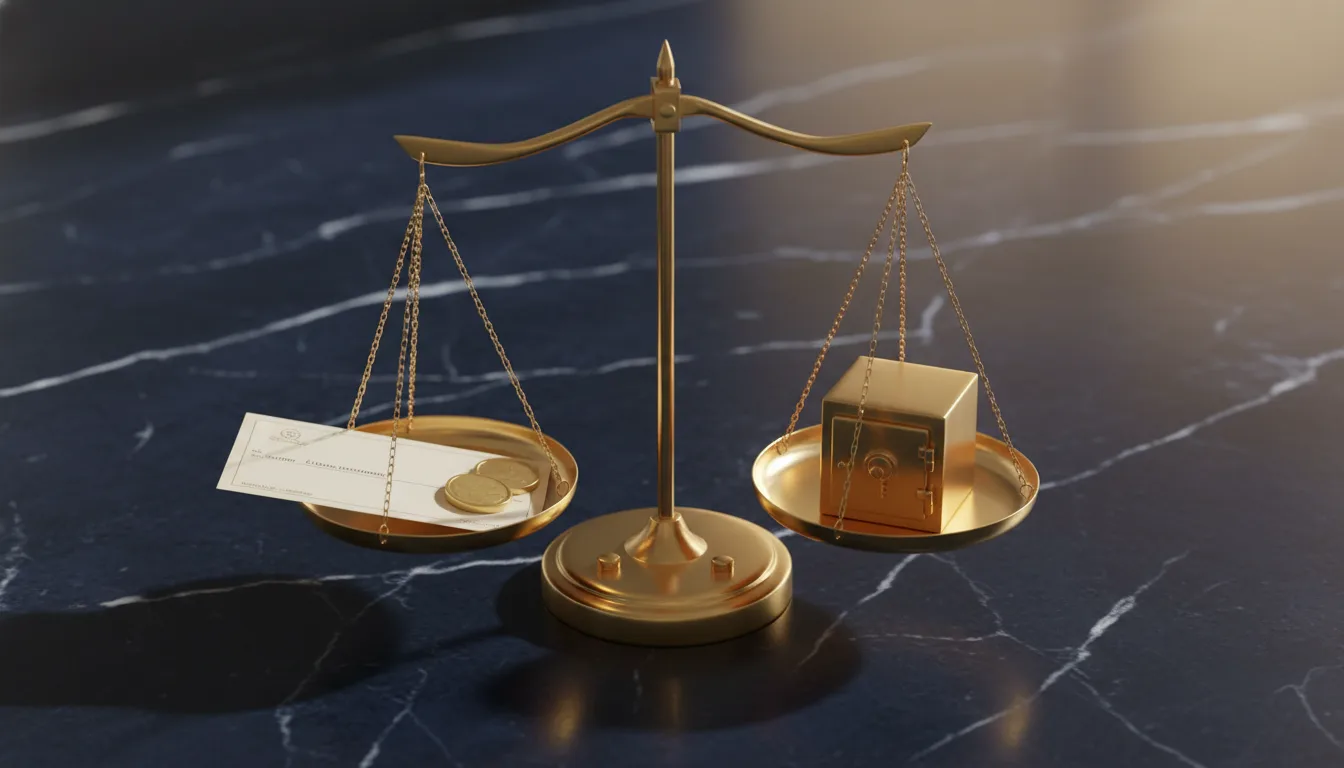 Brass balance scale on navy marble desk with cheque and gold coins on one pan and a miniature brass vault on the other &mdash; CPF refund obligation tipping the balance