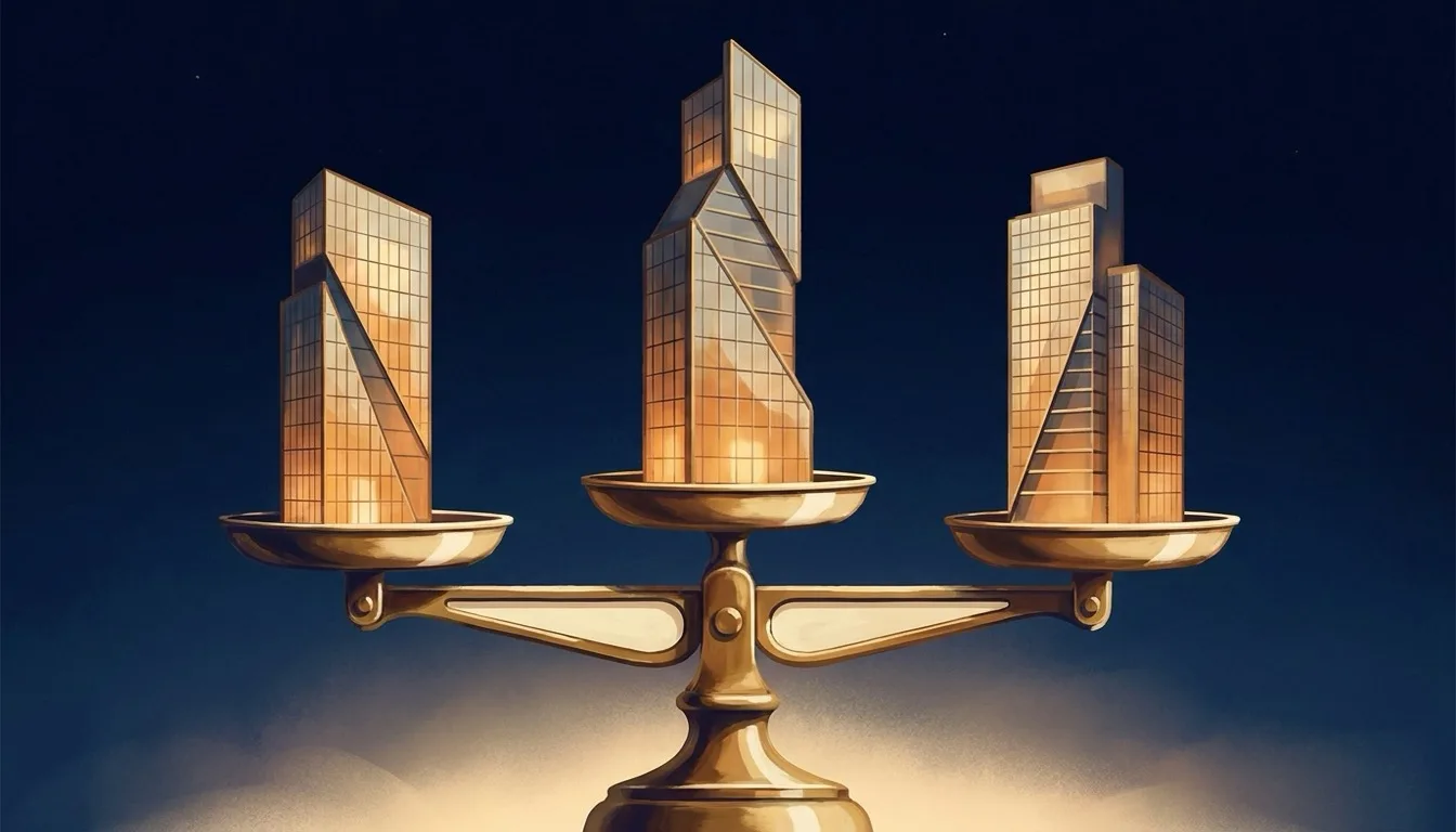 Three abstract bank towers in navy and gold on a balance scale, symbolising the DBS, UOB and OCBC home loan comparison