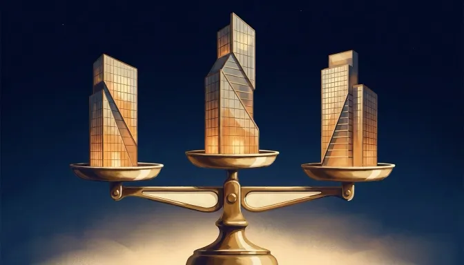 Three bank towers balanced on a brass scale — DBS vs UOB vs OCBC home loan comparison 2026