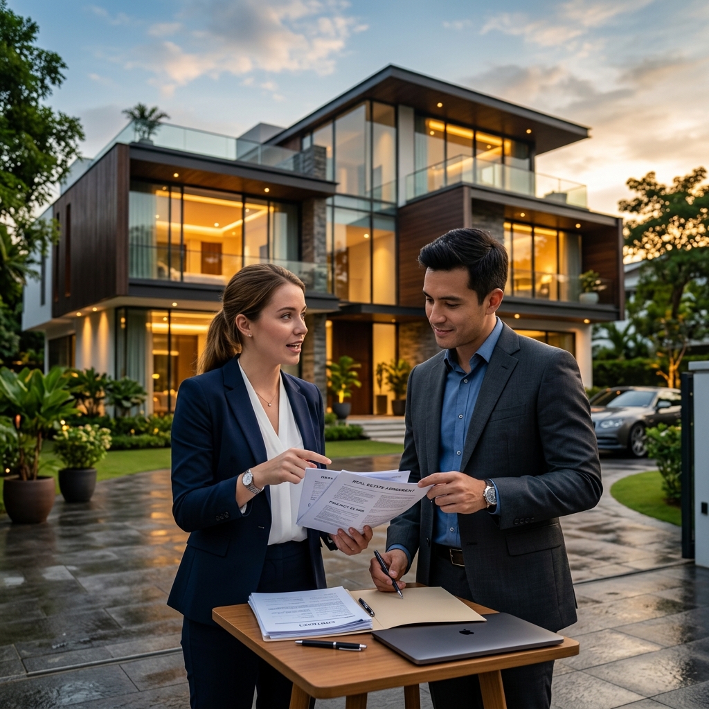 Professionals going over property decoupling documents for a landed property