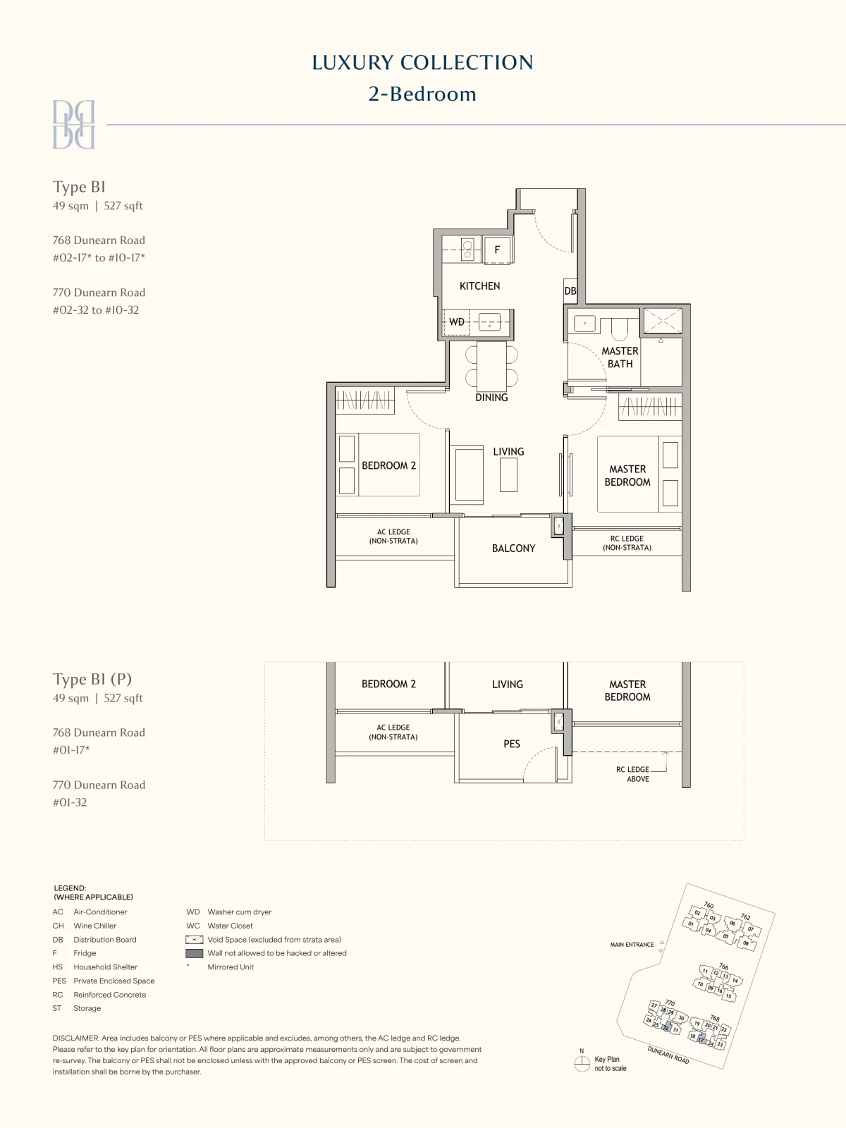 Dunearn House 2-bedroom floor plan, Type B1, 49 square metres / 527 square feet, showing master bedroom, second bedroom, kitchen, living, dining and balcony