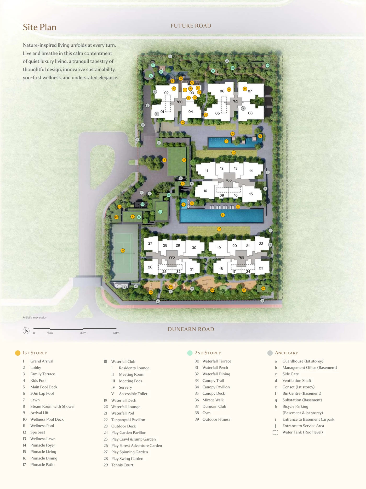 Dunearn House site plan showing five residential blocks (760, 762, 766, 768, 770 Dunearn Road), the 50m lap pool, Waterfall Club, tennis court, play gardens and the two entrances off Dunearn Road