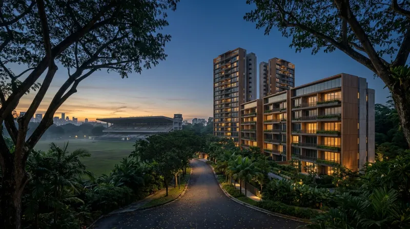 Dunearn House condominium at Bukit Timah Turf City at twilight — first private launch in the rejuvenated Turf City precinct