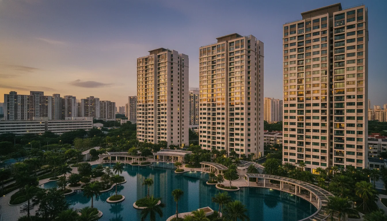 Singapore Executive Condominium development at twilight with warm amber window lights and lush landscaped pool deck, HDB blocks visible in the background