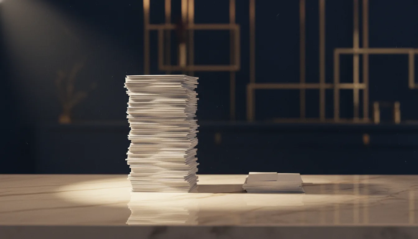 Editorial photograph of a marble showroom counter with a tall stack of white envelopes on the left representing first-timer ballots and a much shorter stack on the right representing second-timers
