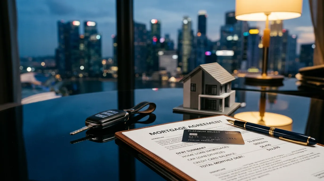 Car key, credit card and house model on a desk &mdash; representing how existing debts reduce mortgage eligibility