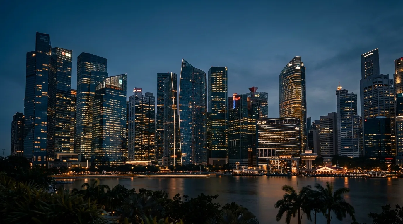 Singapore financial district bank towers at dusk — FDR, FHR and DMR home loan pegs explained
