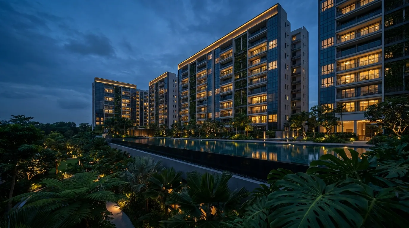 Singapore private condominium at dusk — foreigner and PR property financing, ABSD and downpayment guide 2026