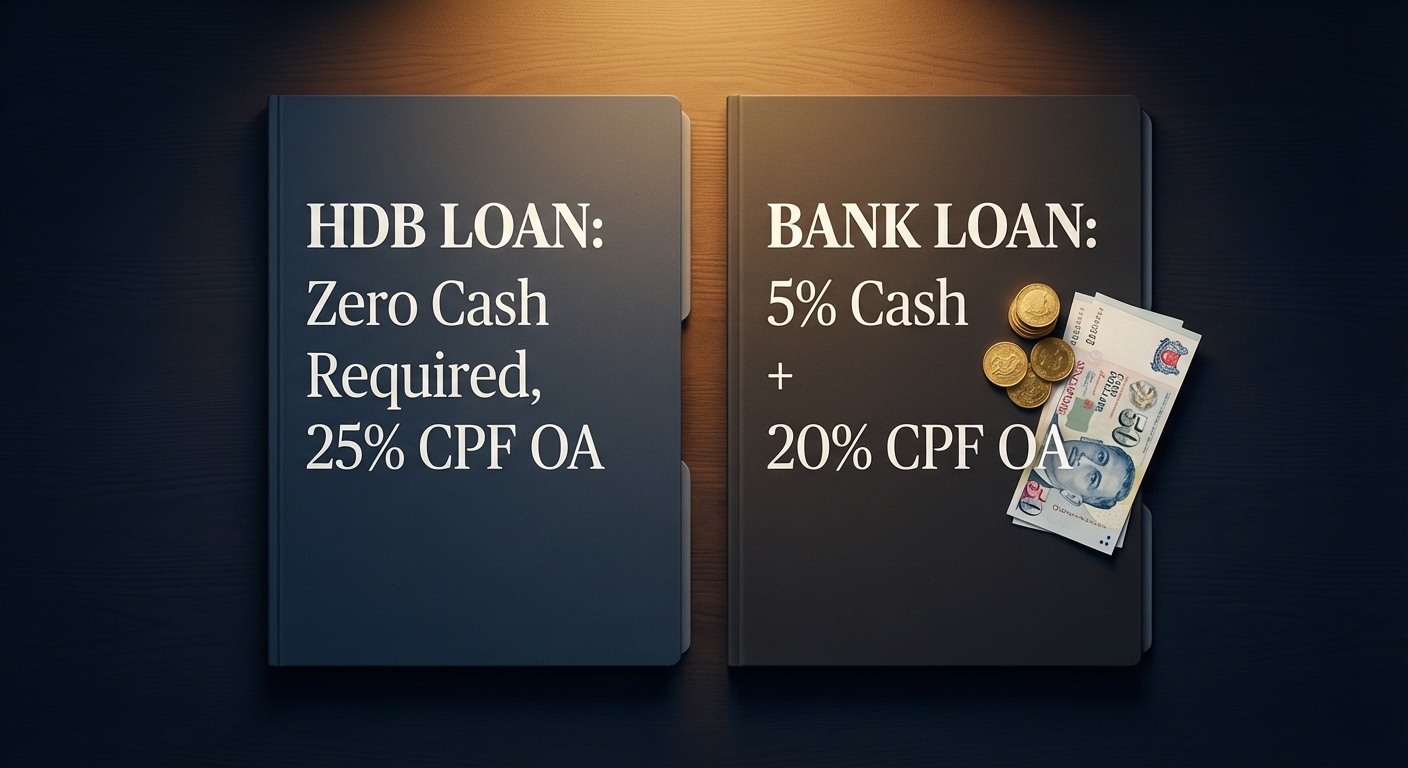 Side-by-side breakdown of down payment sources for HDB loan versus bank loan on an HDB flat