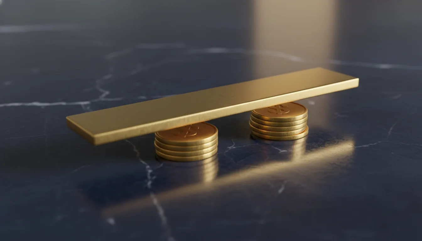 Brass horizontal bar suspended above two stacks of gold coins on a navy marble desk &mdash; one stack just touching the bar, one stack reaching above it, representing the HDB income ceiling threshold