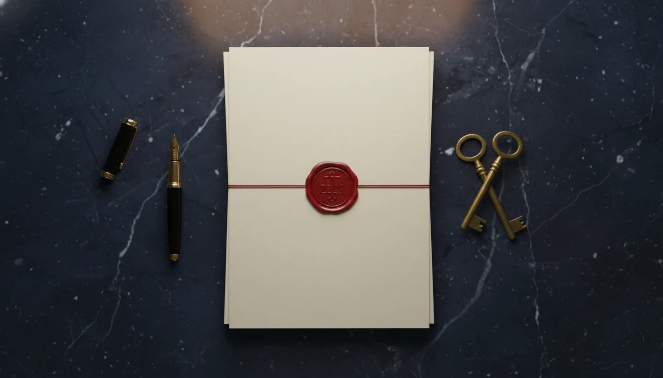 Stack of formal documents with deep red wax seal, two brass keys and an ornate fountain pen with gold nib on a navy marble desk &mdash; HFE letter, IPA and bank loan documentation for HDB resale