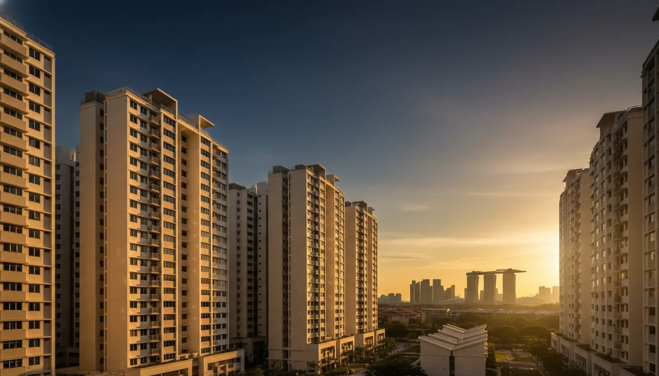 Cluster of modern Singapore HDB blocks at golden hour with warm cream facades and the CBD skyline silhouette in the distance &mdash; high-income HDB resale buyer guide 2026