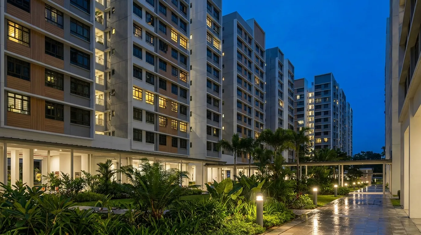 Singapore HDB blocks at blue hour &mdash; refinancing an HDB flat from the concessionary loan to a bank loan