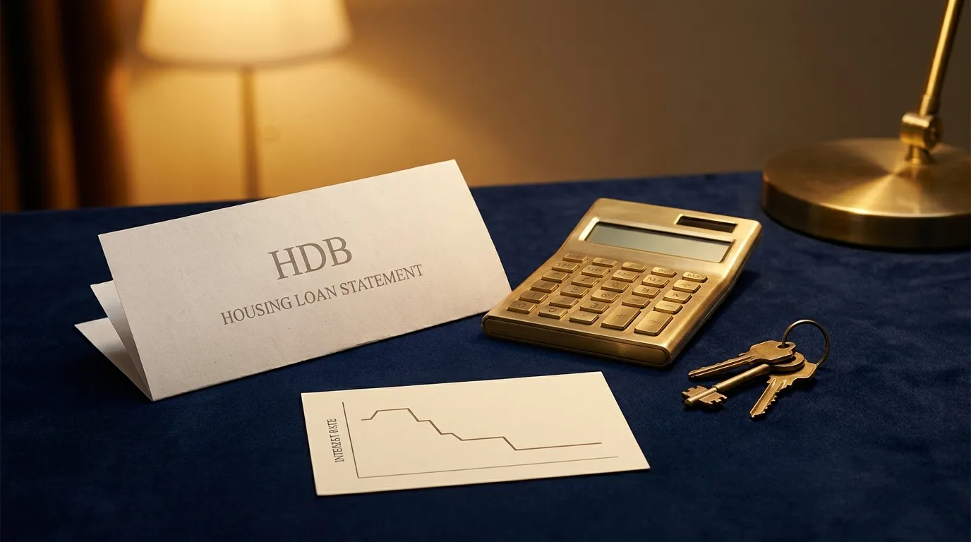 An HDB loan statement, calculator and a chart showing interest rates stepping down &mdash; comparing the HDB 2.6% rate against a bank loan