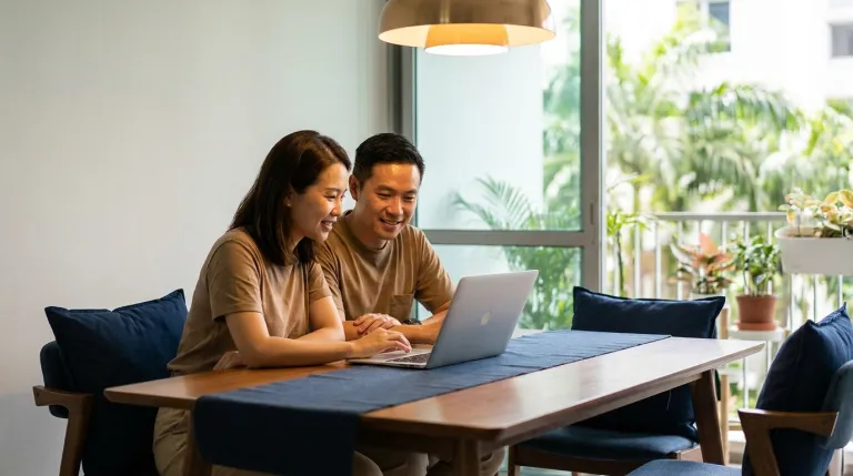 A Singapore couple reviewing their HDB loan refinancing options on a laptop at home