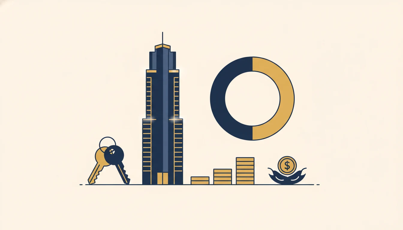 Flat illustration of financing a condo &mdash; a condominium tower with a loan ring chart, coins and keys