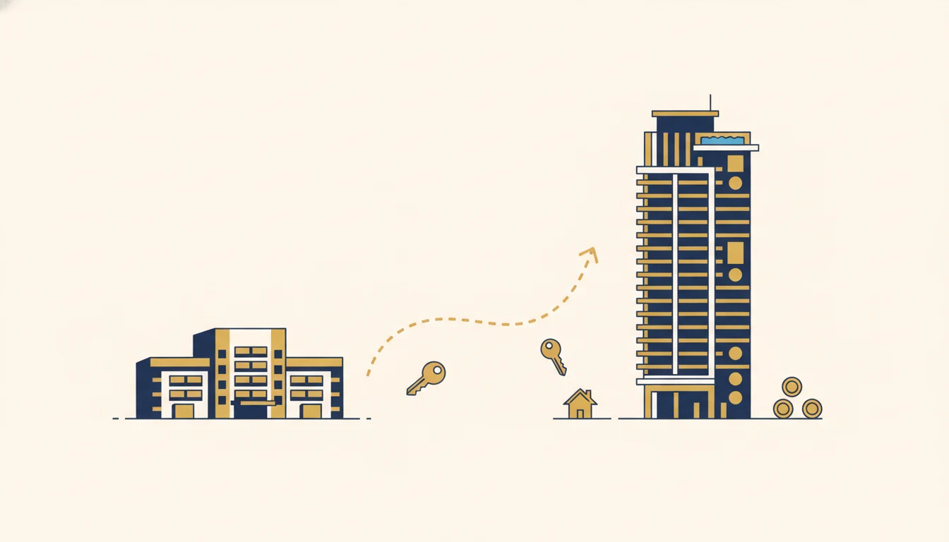 Flat editorial illustration of upgrading from an HDB flat to a private condo in Singapore &mdash; HDB block, upward arrow, condo tower, keys and coins
