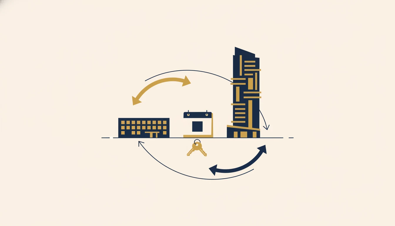 Flat illustration of the sell-first vs buy-first timing decision &mdash; an HDB block, a condo tower, a calendar and arrows