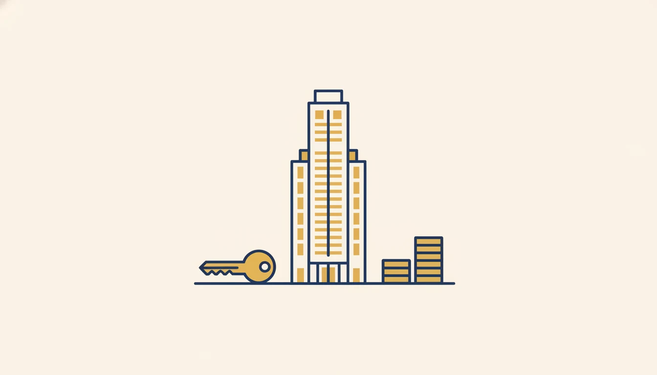 Flat illustration of a condominium tower with keys and coins — upgrading from HDB to condo in Singapore