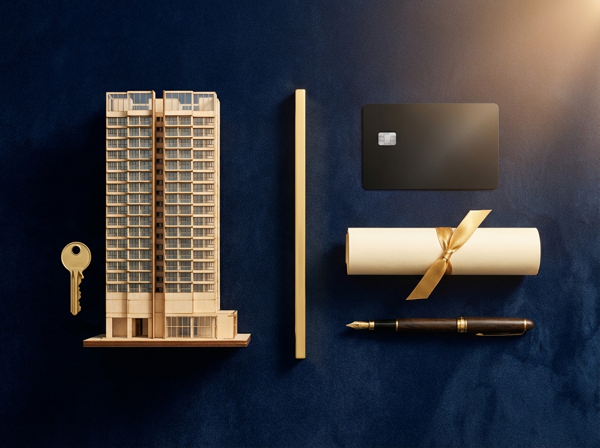 HDB flat model with golden key versus mortgage document, representing the choice between HDB loan and bank loan