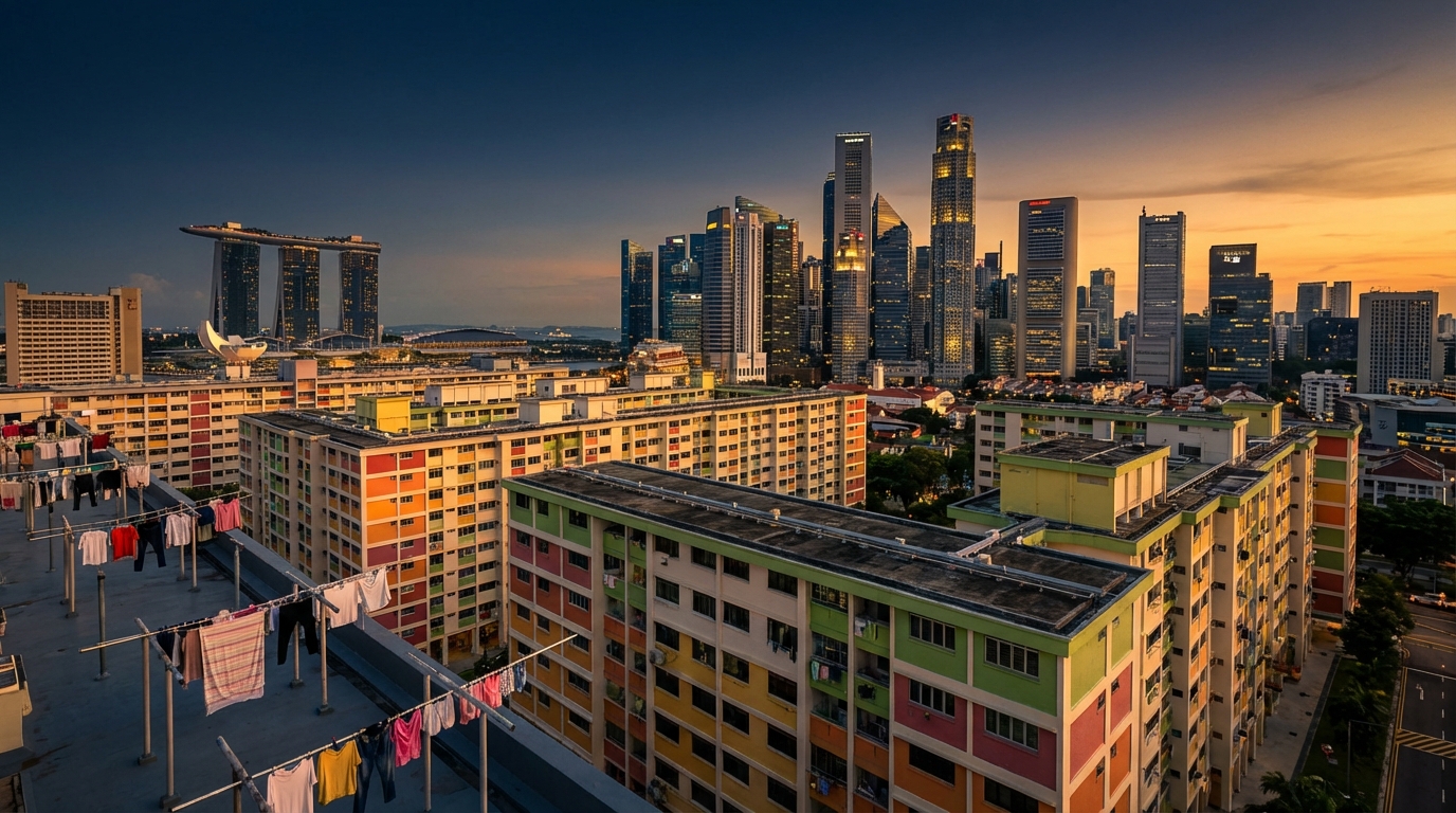 HDB flats in the foreground with Singapore CBD financial district skyline behind