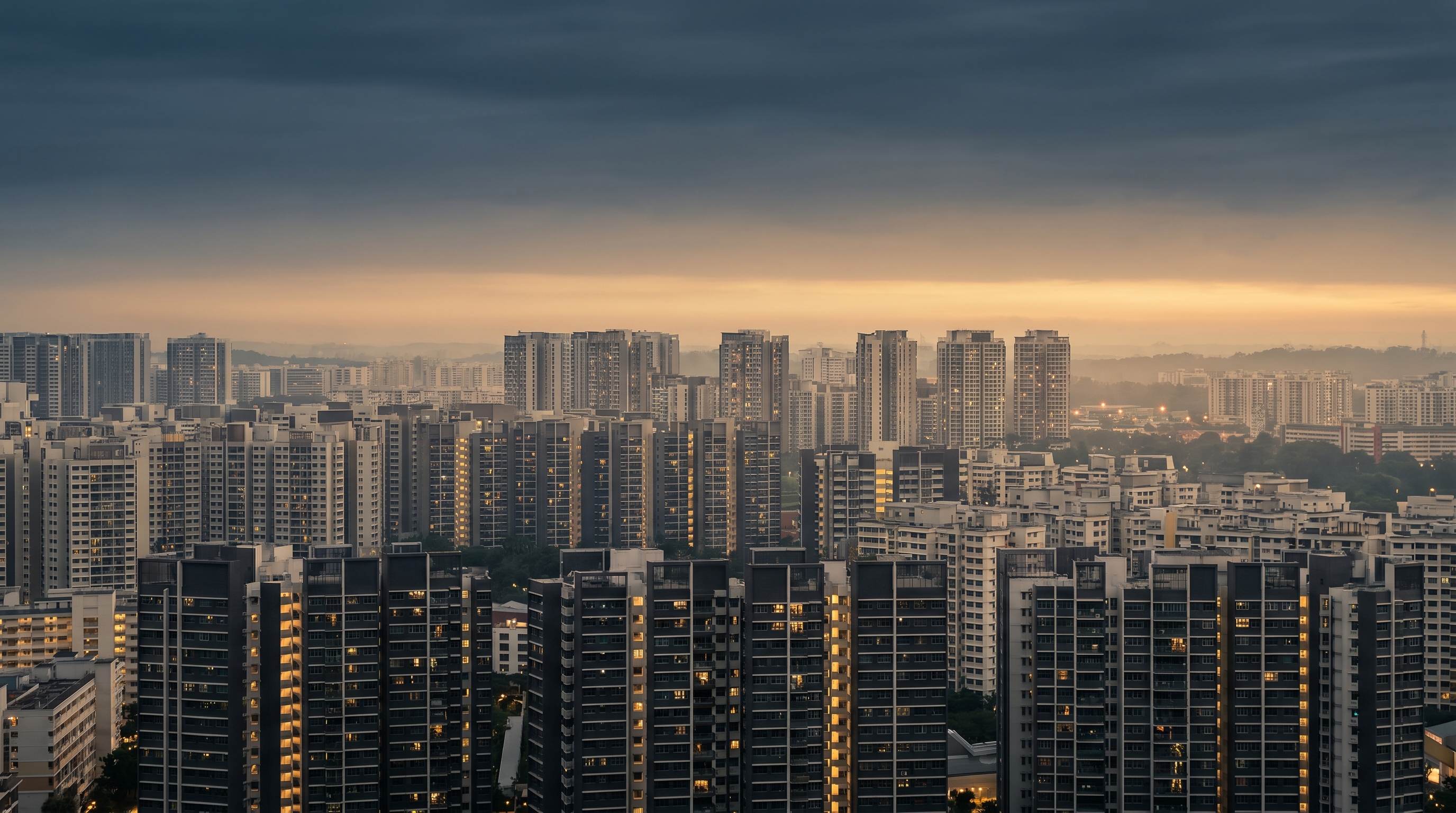 Singapore HDB residential skyline at golden hour twilight with warm window lights