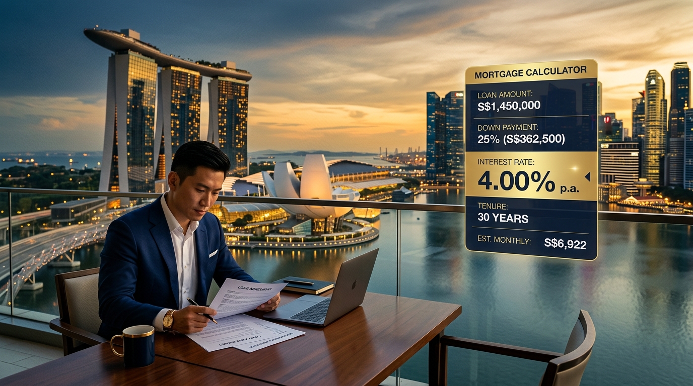 Singapore skyline with mortgage calculator overlay