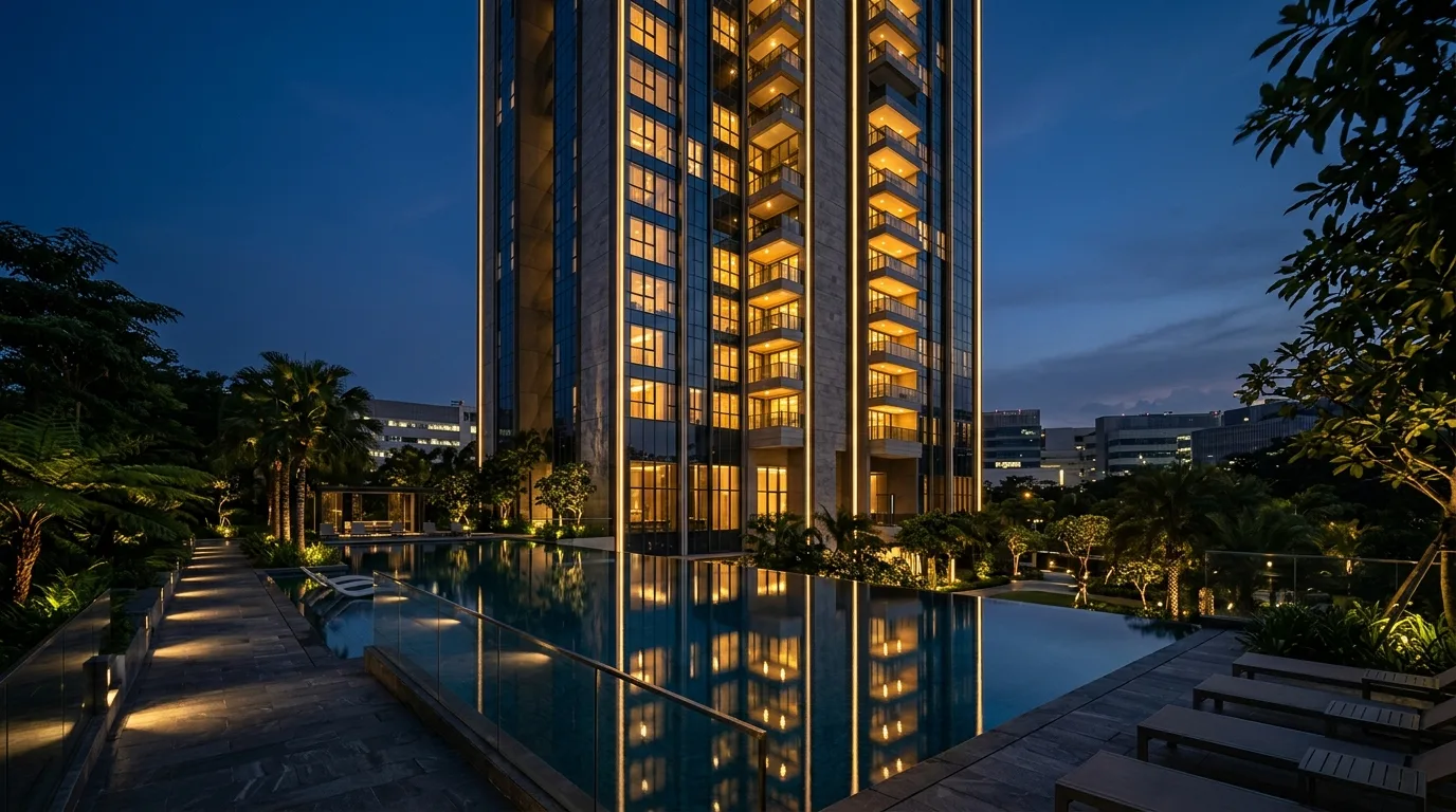 Hudson Place Residences private condominium tower at one-north Singapore glowing amber at twilight with infinity pool deck and tropical landscaping in foreground