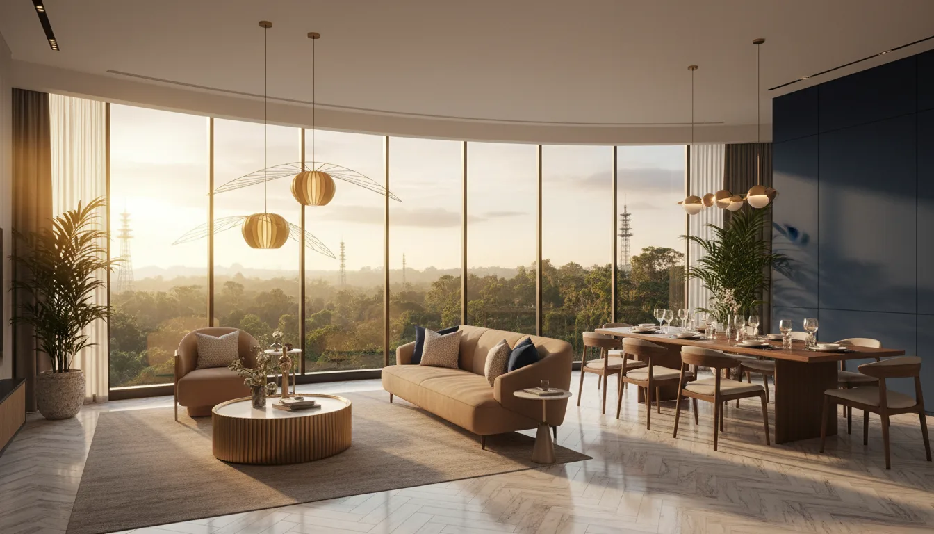 Interior of a luxury Singapore 3-bedroom condominium with floor-to-ceiling windows overlooking tropical canopy and one-north research towers at golden hour