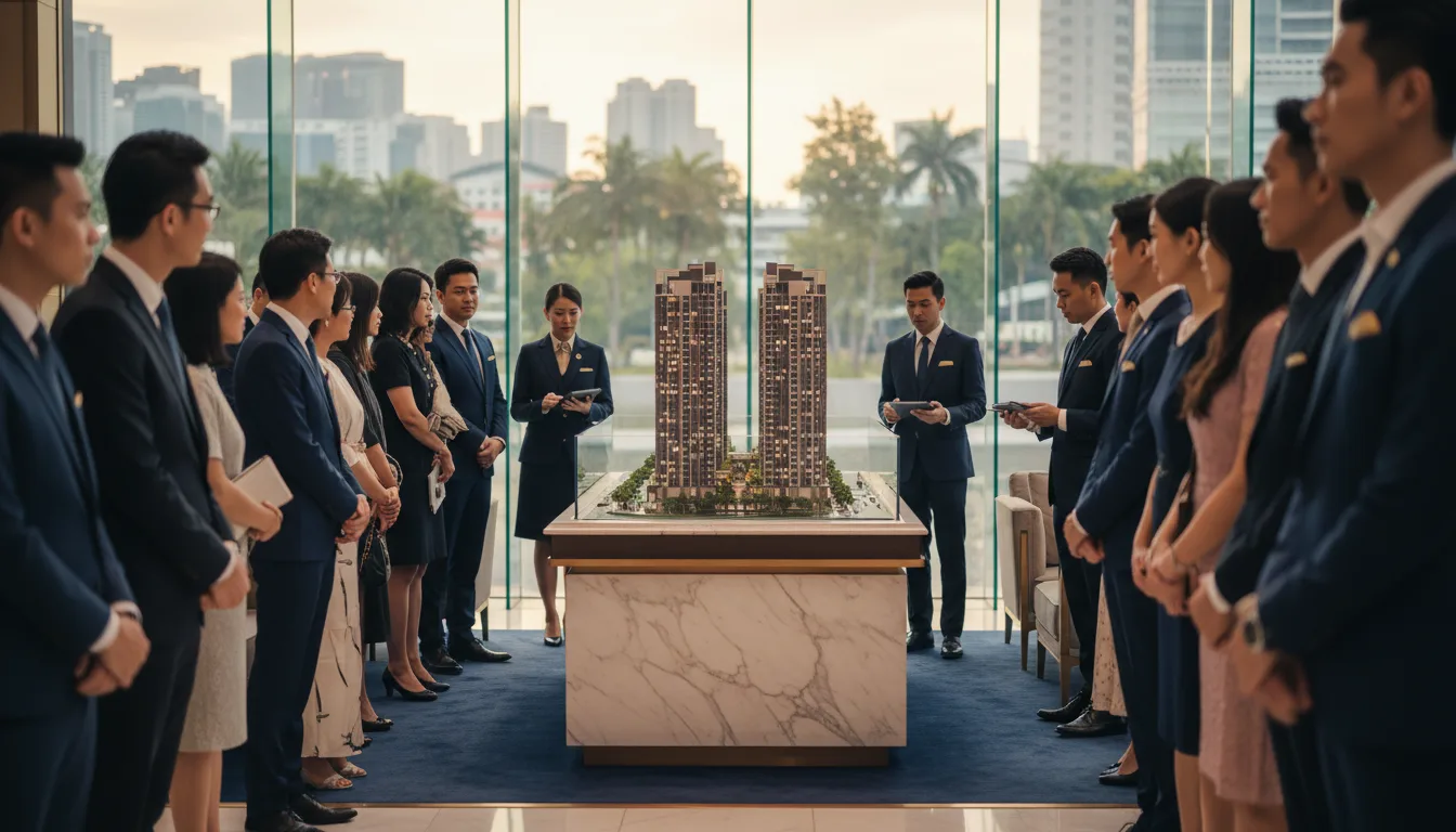 Long queue of well-dressed prospective buyers viewing a scale model of a high-rise condominium inside a premium Singapore showflat with floor-to-ceiling glass