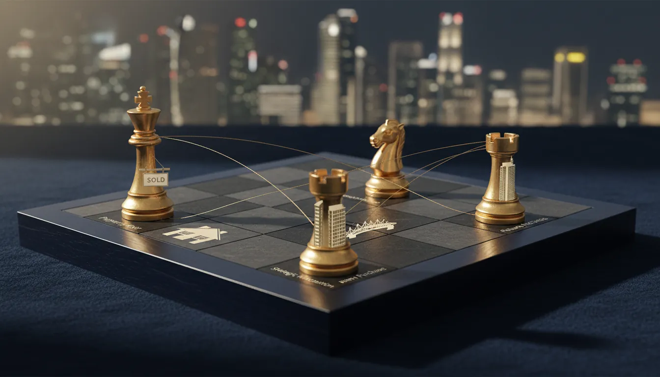 Conceptual chess pieces representing Singapore property strategy across first home, decoupling, and second purchase milestones