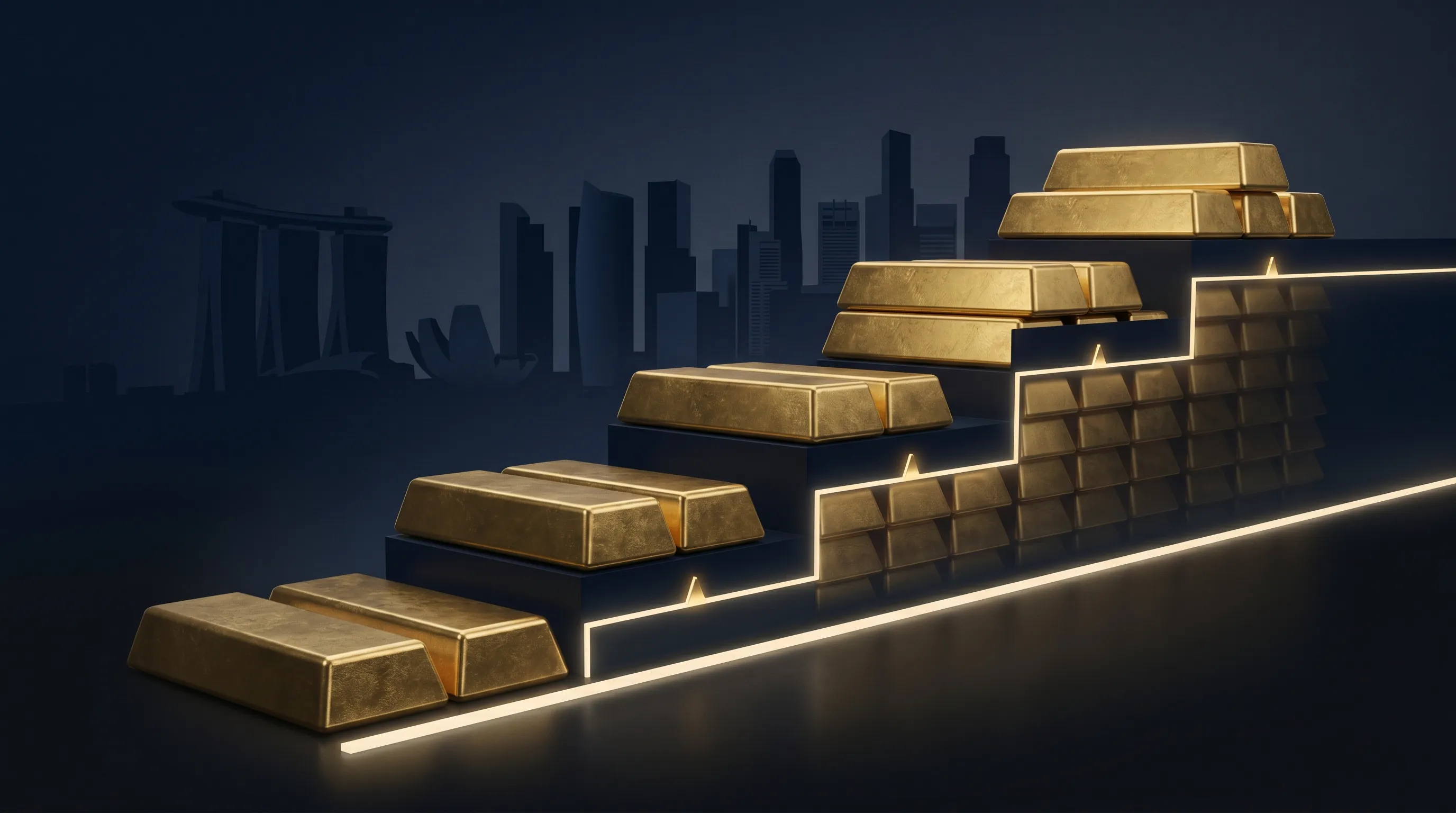 Tiered Singapore mortgage pricing visualised as stepped gold tiers showing different loan quantum bands receiving different fixed and SORA spread rates