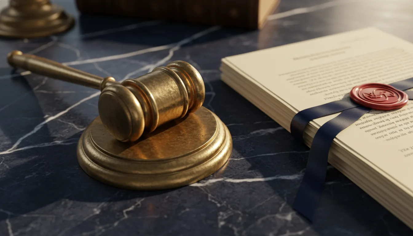 Brass gavel on navy marble desk next to formal documents with red wax seal &mdash; IRAS audit on illegal 99-1 fresh-purchase transactions